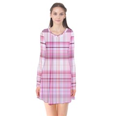 Pink Madras Plaid Long Sleeve V-neck Flare Dress by SpinnyChairDesigns