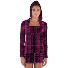 Pink Black Punk Plaid Long Sleeve Hooded T-shirt by SpinnyChairDesigns