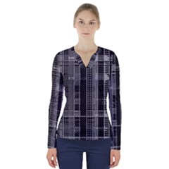 Black Punk Plaid V-neck Long Sleeve Top by SpinnyChairDesigns