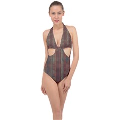 Rust Brown Grunge Plaid Halter Front Plunge Swimsuit by SpinnyChairDesigns