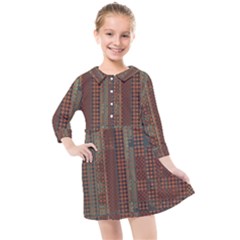 Rust Brown Grunge Plaid Kids  Quarter Sleeve Shirt Dress by SpinnyChairDesigns