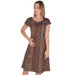 Rust Brown Grunge Plaid Classic Short Sleeve Dress by SpinnyChairDesigns