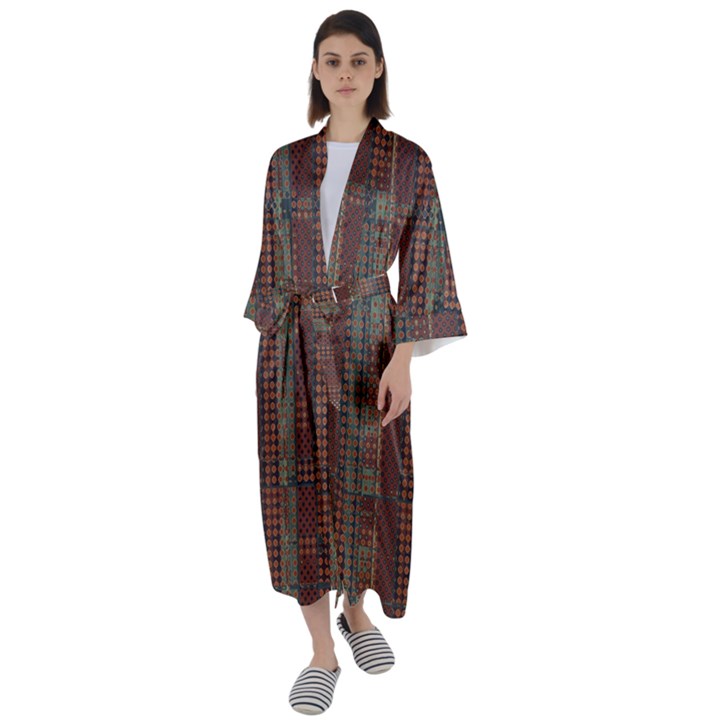 Rust Brown Grunge Plaid Maxi Satin Kimono