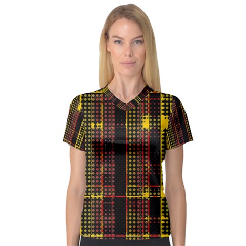 Red Yellow Black Punk Plaid V-neck Sport Mesh Tee by SpinnyChairDesigns