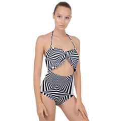 Black And White Stripes Scallop Top Cut Out Swimsuit by SpinnyChairDesigns