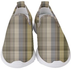 Beige Tan Madras Plaid Kids  Slip On Sneakers by SpinnyChairDesigns