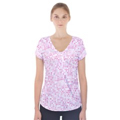 Pink And White Checkered Short Sleeve Front Detail Top by SpinnyChairDesigns