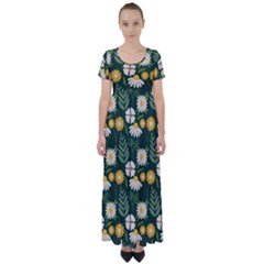 Flower Green Pattern Floral High Waist Short Sleeve Maxi Dress