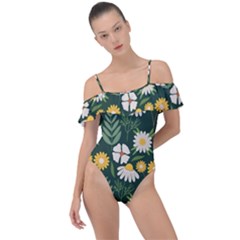 Flower Green Pattern Floral Frill Detail One Piece Swimsuit by Alisyart