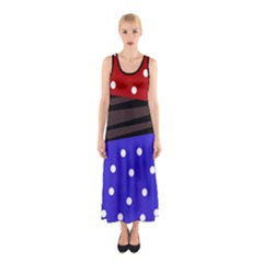 Mixed polka dots and lines pattern, blue, red, brown Sleeveless Maxi Dress