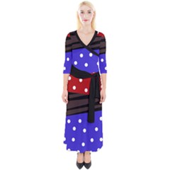 Mixed Polka Dots And Lines Pattern, Blue, Red, Brown Quarter Sleeve Wrap Maxi Dress by Casemiro