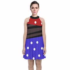 Mixed Polka Dots And Lines Pattern, Blue, Red, Brown Velvet Halter Neckline Dress  by Casemiro