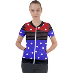 Mixed Polka Dots And Lines Pattern, Blue, Red, Brown Short Sleeve Zip Up Jacket by Casemiro