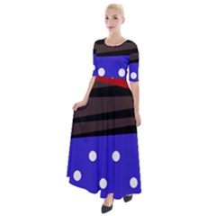 Mixed polka dots and lines pattern, blue, red, brown Half Sleeves Maxi Dress