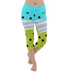 Mixed Polka Dots And Lines Pattern, Blue, Yellow, Silver, White Colors Lightweight Velour Capri Yoga Leggings by Casemiro