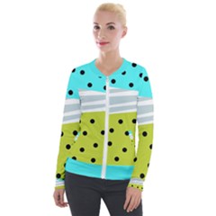Mixed Polka Dots And Lines Pattern, Blue, Yellow, Silver, White Colors Velour Zip Up Jacket by Casemiro