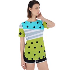 Mixed Polka Dots And Lines Pattern, Blue, Yellow, Silver, White Colors Perpetual Short Sleeve T-shirt by Casemiro