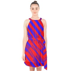 Geometric Blocks, Blue And Red Triangles, Abstract Pattern Halter Collar Waist Tie Chiffon Dress by Casemiro