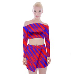 Geometric Blocks, Blue And Red Triangles, Abstract Pattern Off Shoulder Top With Mini Skirt Set by Casemiro