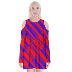 Geometric Blocks, Blue And Red Triangles, Abstract Pattern Velvet Long Sleeve Shoulder Cutout Dress by Casemiro