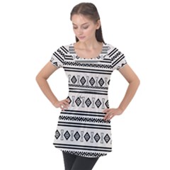Black And White Aztec Puff Sleeve Tunic Top by tmsartbazaar