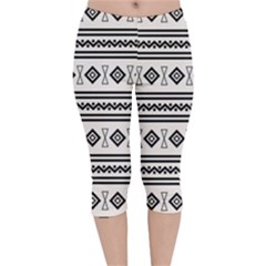 Black And White Aztec Velvet Capri Leggings  by tmsartbazaar