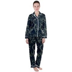 Neon Silhouette Leaves Print Pattern Satin Long Sleeve Pyjamas Set