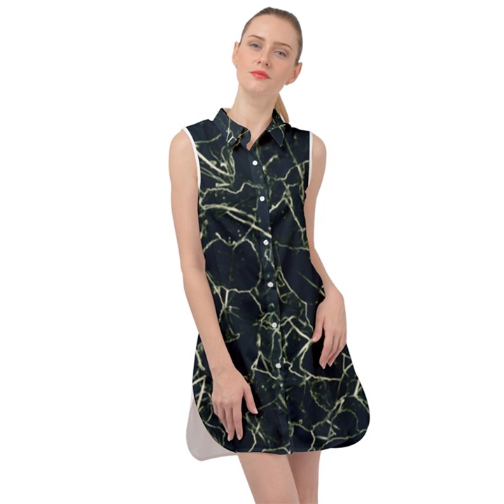 Neon Silhouette Leaves Print Pattern Sleeveless Shirt Dress