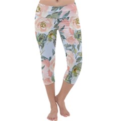 Pink Old Fashioned Roses Capri Yoga Leggings