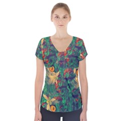 Illustrations Color Cat Flower Abstract Textures Orange Short Sleeve Front Detail Top by Alisyart