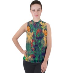 Illustrations Color Cat Flower Abstract Textures Orange Mock Neck Chiffon Sleeveless Top