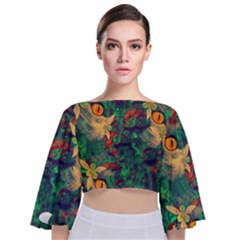 Illustrations Color Cat Flower Abstract Textures Orange Tie Back Butterfly Sleeve Chiffon Top