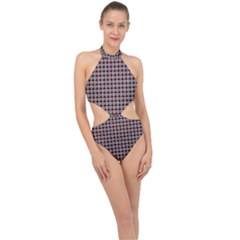 Red Halloween Spider Tile Pattern Halter Side Cut Swimsuit by snowwhitegirl