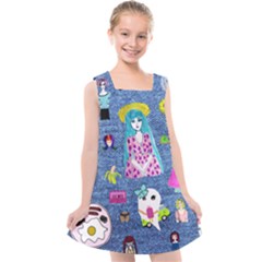 Blue Denim And Drawings Kids  Cross Back Dress by snowwhitegirl