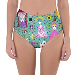 Blue Denim And Drawings Daisies Aqua Reversible High-waist Bikini Bottoms by snowwhitegirl