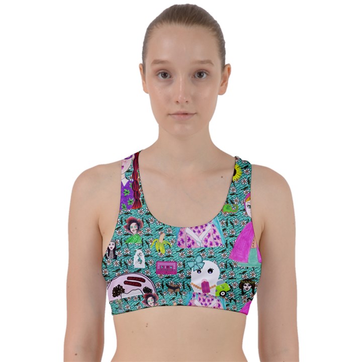 Blue Denim And Drawings Daisies Aqua Back Weave Sports Bra