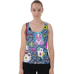 Blue Denim And Drawings Daisies Velvet Tank Top by snowwhitegirl