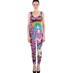 Blue Denim And Drawings Daisies Pink One Piece Catsuit