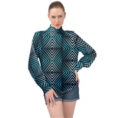 Blue Motif Design High Neck Long Sleeve Chiffon Top by tmsartbazaar