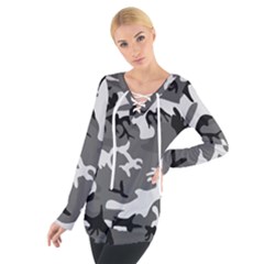 Army Winter Camo, Camouflage Pattern, Grey, Black Tie Up Tee by Casemiro