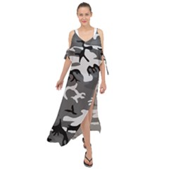 Army Winter Camo, Camouflage Pattern, Grey, Black Maxi Chiffon Cover Up Dress by Casemiro