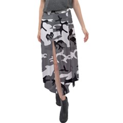 Army Winter Camo, Camouflage Pattern, Grey, Black Velour Split Maxi Skirt by Casemiro