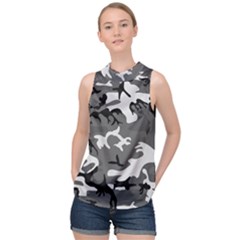 Army Winter Camo, Camouflage Pattern, Grey, Black High Neck Satin Top by Casemiro