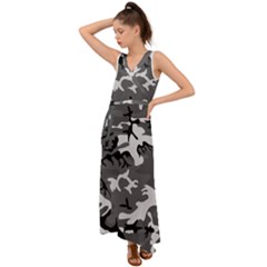 Army Winter Camo, Camouflage Pattern, Grey, Black V-neck Chiffon Maxi Dress by Casemiro