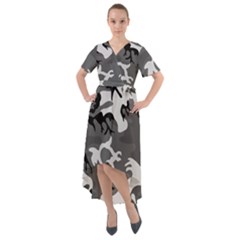 Army Winter Camo, Camouflage Pattern, Grey, Black Front Wrap High Low Dress by Casemiro