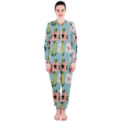 Flower White Blue Pattern Floral Onepiece Jumpsuit (ladies)  by Mariart