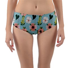 Flower White Blue Pattern Floral Reversible Mid-waist Bikini Bottoms