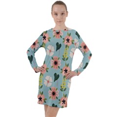 Flower White Blue Pattern Floral Long Sleeve Hoodie Dress