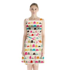 Scandinavian Folk Art Rainbow Road Sleeveless Waist Tie Chiffon Dress