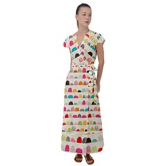 Scandinavian Folk Art Rainbow Road Flutter Sleeve Maxi Dress